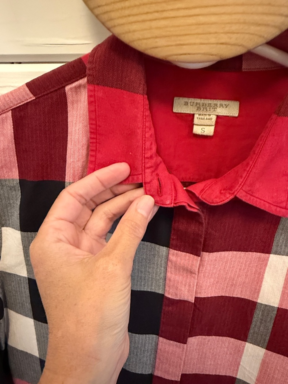 Burberry Red, Black Plaid Cotton Button-Down Shirt - Picture 5 of 5